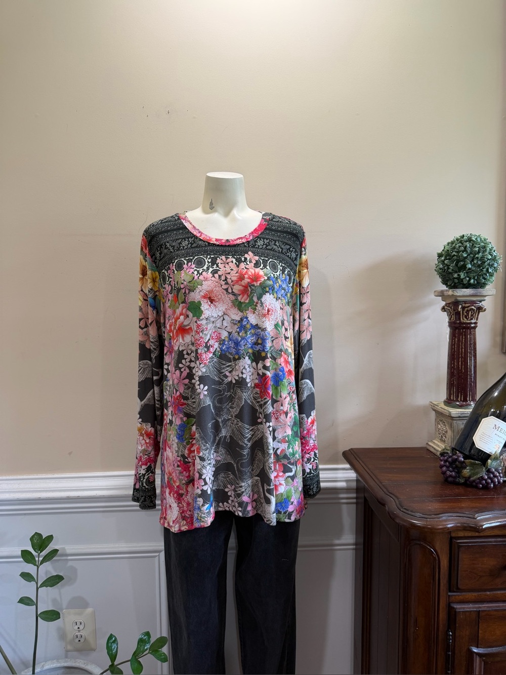 Johnny Was Floral Print Long-Sleeve Women's Top - Pink & Gray